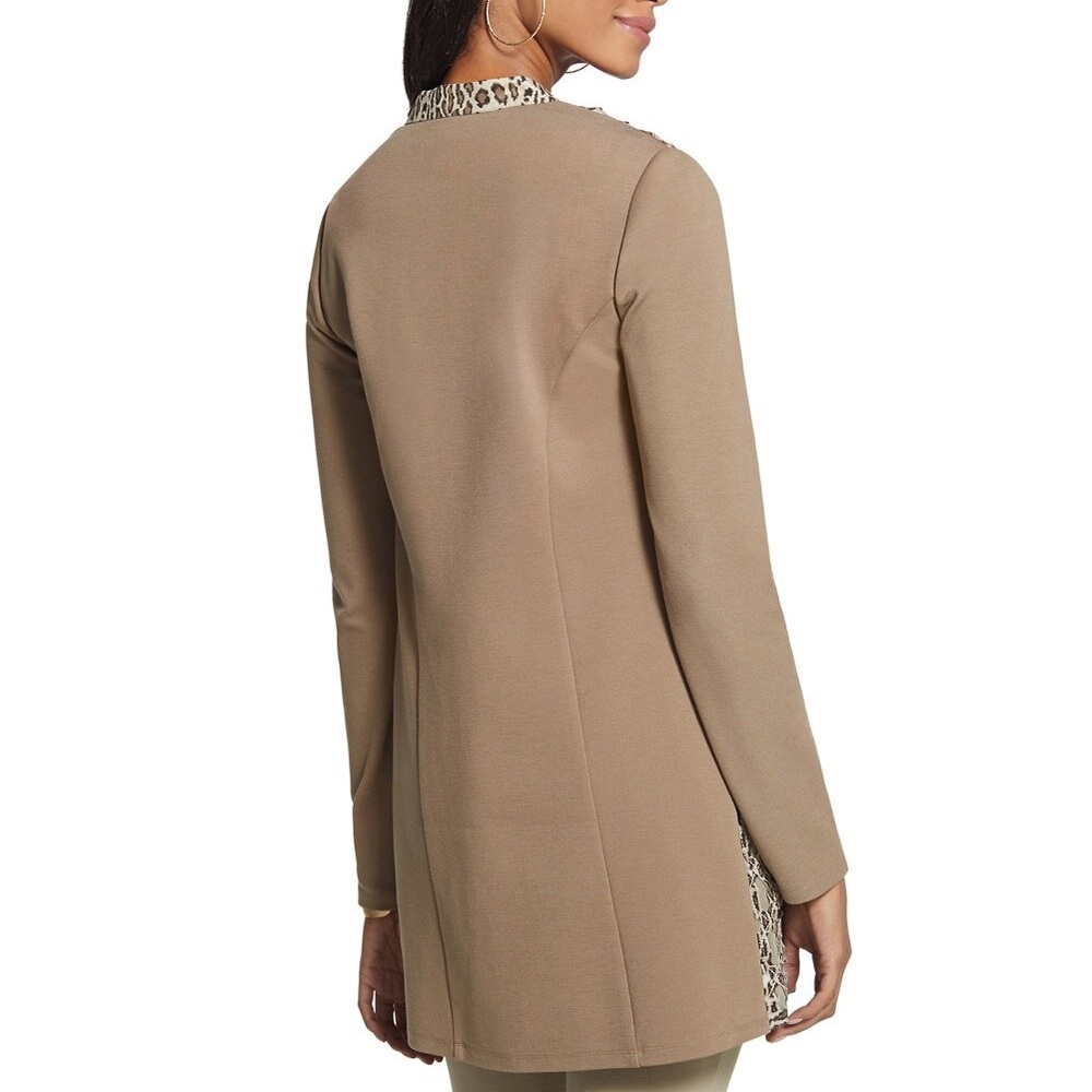 CHICO’s Taupe Leopard Print Mesh Inset Open Front Duster Cardigan - Picture 3 of 16